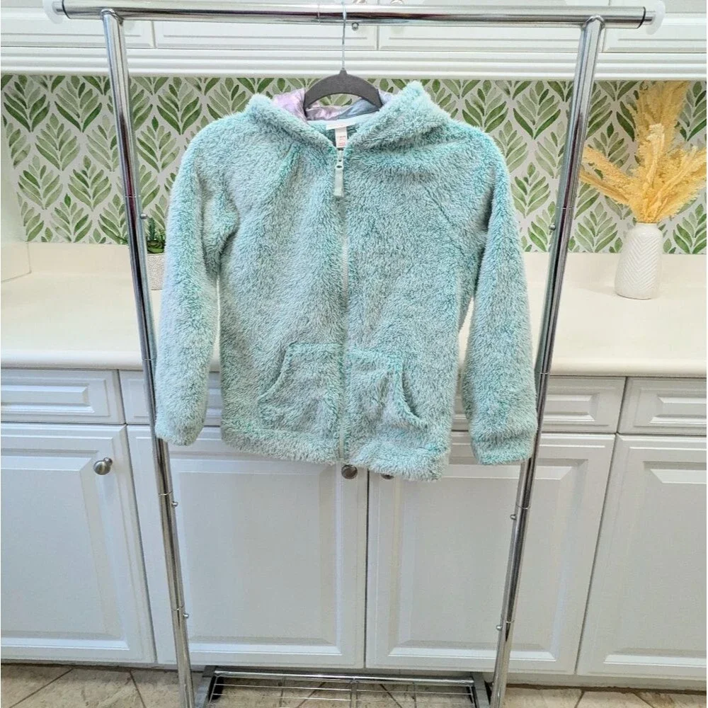 Teal Seafoam Green Cat & Jack Fluffy Zip Up Unicorn Sweater Large 10/12 Winter